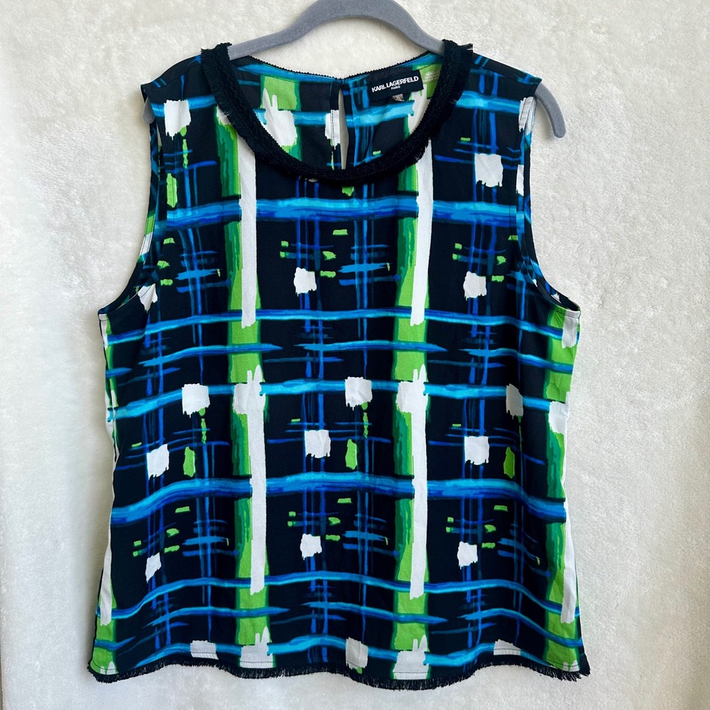 Karl Lagerfeld Paris Sleeveless Abstract Block Plaid Blouse Fringed Trim XL